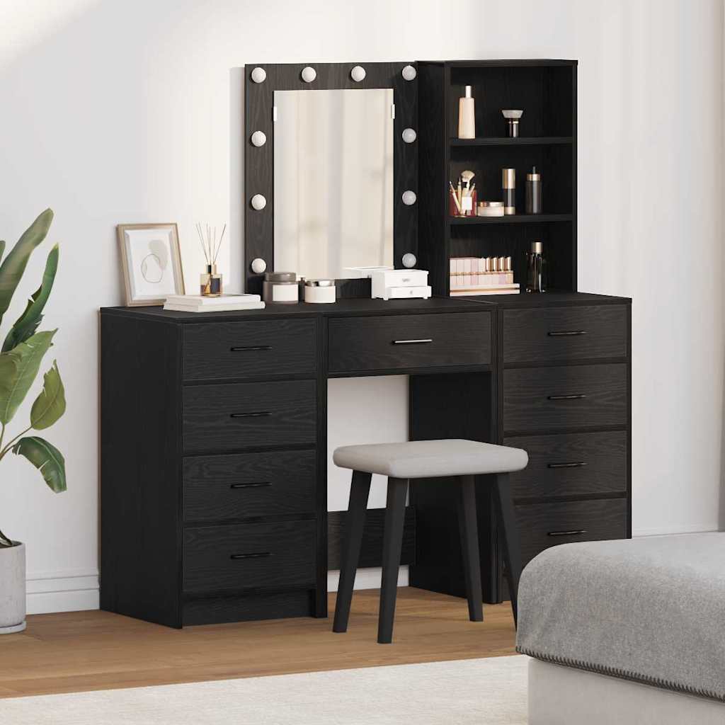 Dressing Table with Mirror Lights 3 pcs Black Engineered wood