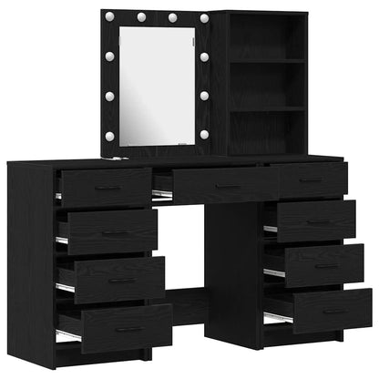 Dressing Table with Mirror Lights 3 pcs Black Engineered wood