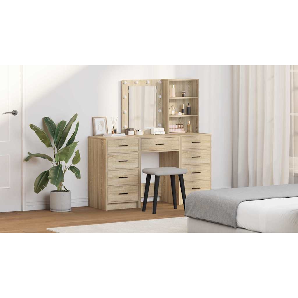 Dressing Table with Mirror Lights 3 pcs Brown Engineered wood