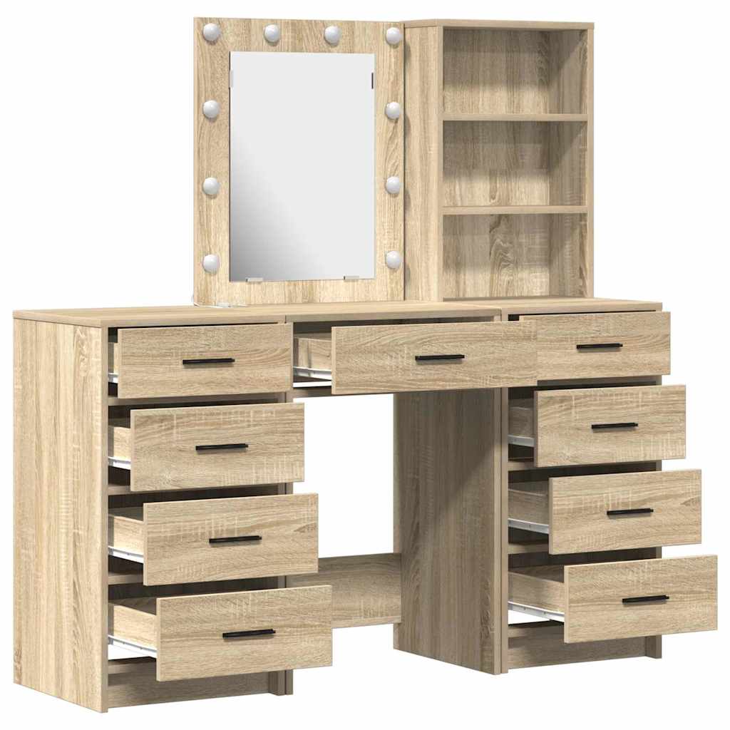 Dressing Table with Mirror Lights 3 pcs Brown Engineered wood