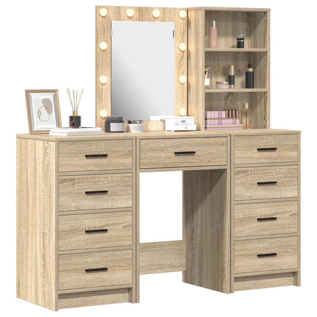 Dressing Table with Mirror Lights 3 pcs Brown Engineered wood