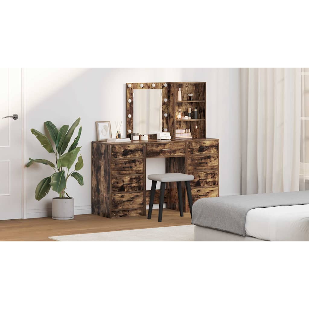 Dressing Table with Mirror Lights 3 pcs Brown Engineered wood