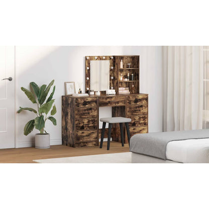 Dressing Table with Mirror Lights 3 pcs Brown Engineered wood