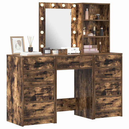 Dressing Table with Mirror Lights 3 pcs Brown Engineered wood