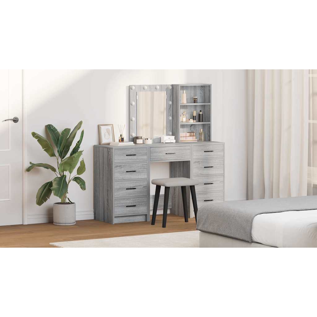 Dressing Table with Mirror Lights 3 pcs Grey Engineered wood