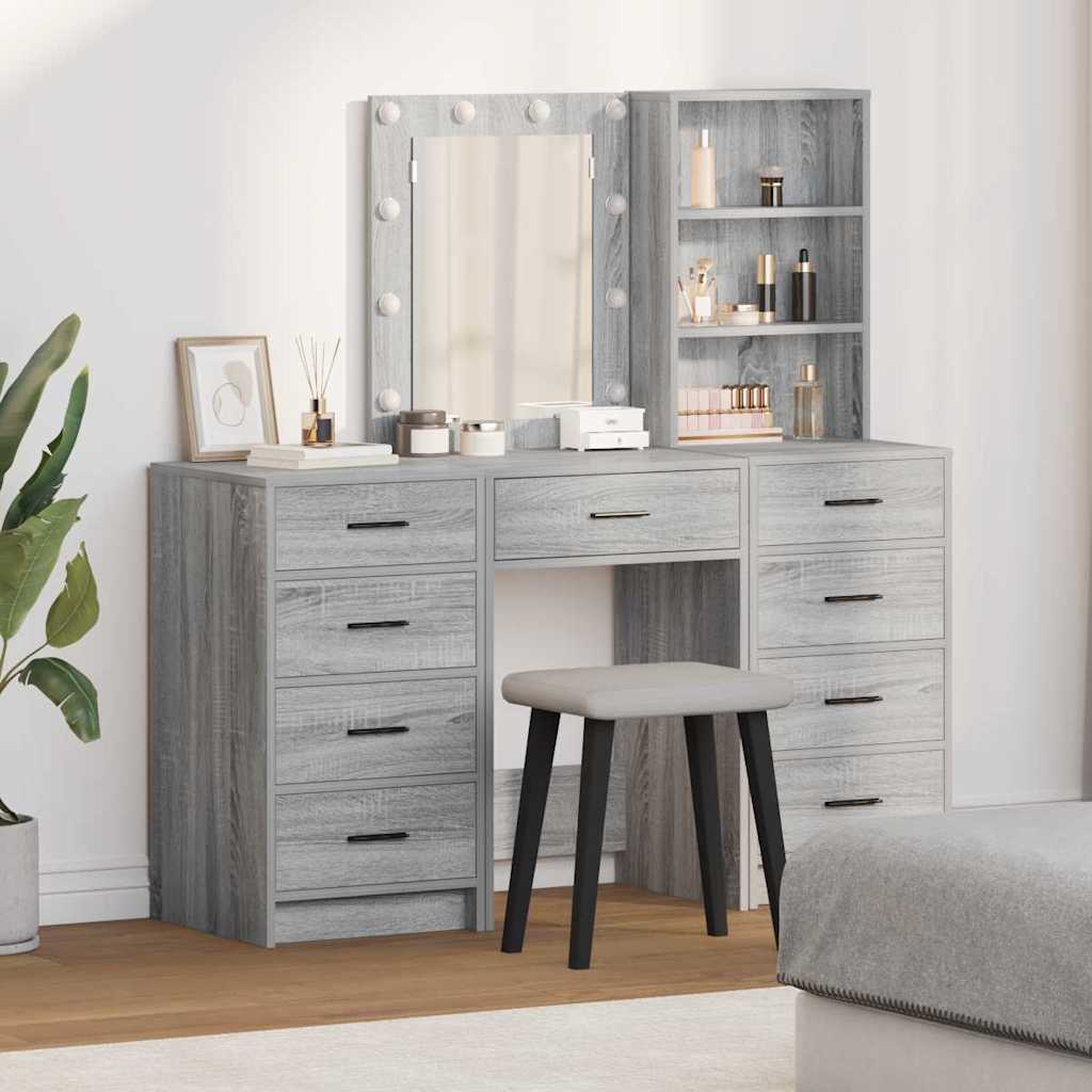 Dressing Table with Mirror Lights 3 pcs Grey Engineered wood