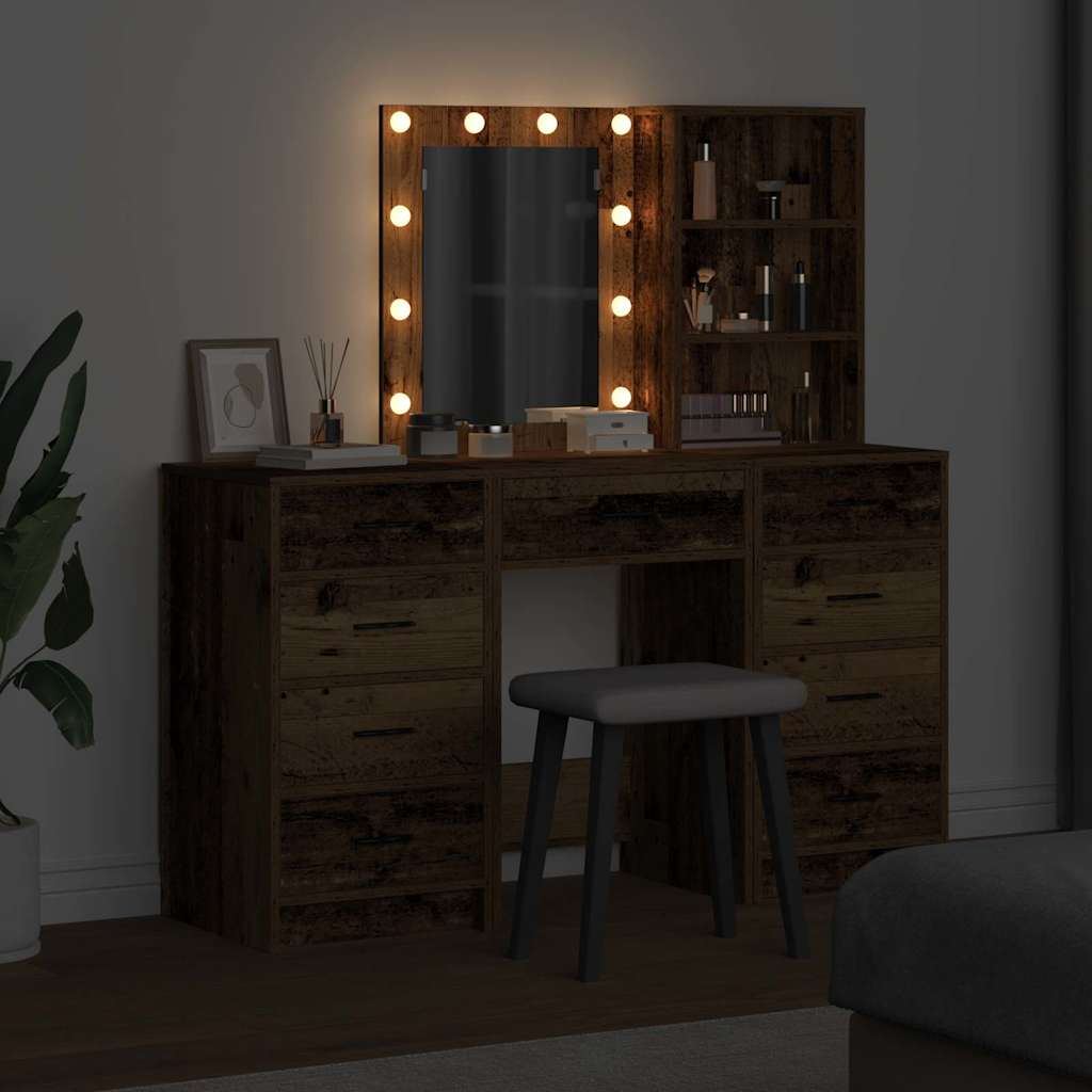 Dressing Table with Mirror Lights 3 pcs Brown Engineered wood