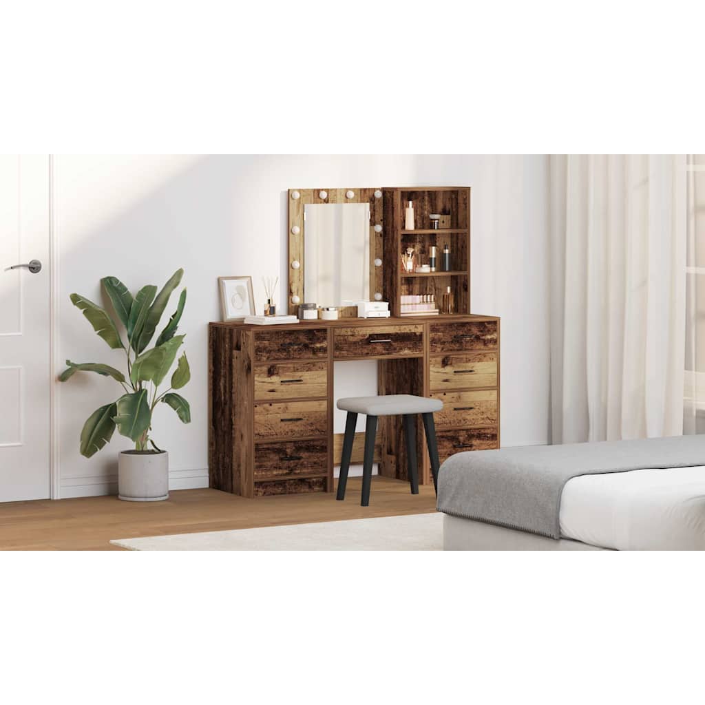 Dressing Table with Mirror Lights 3 pcs Brown Engineered wood