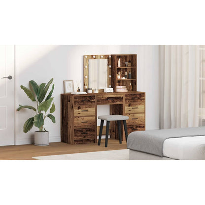 Dressing Table with Mirror Lights 3 pcs Brown Engineered wood