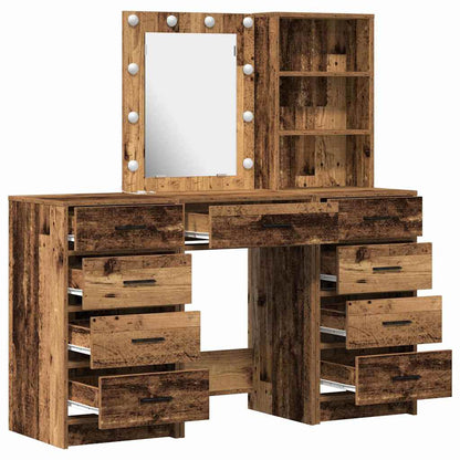 Dressing Table with Mirror Lights 3 pcs Brown Engineered wood