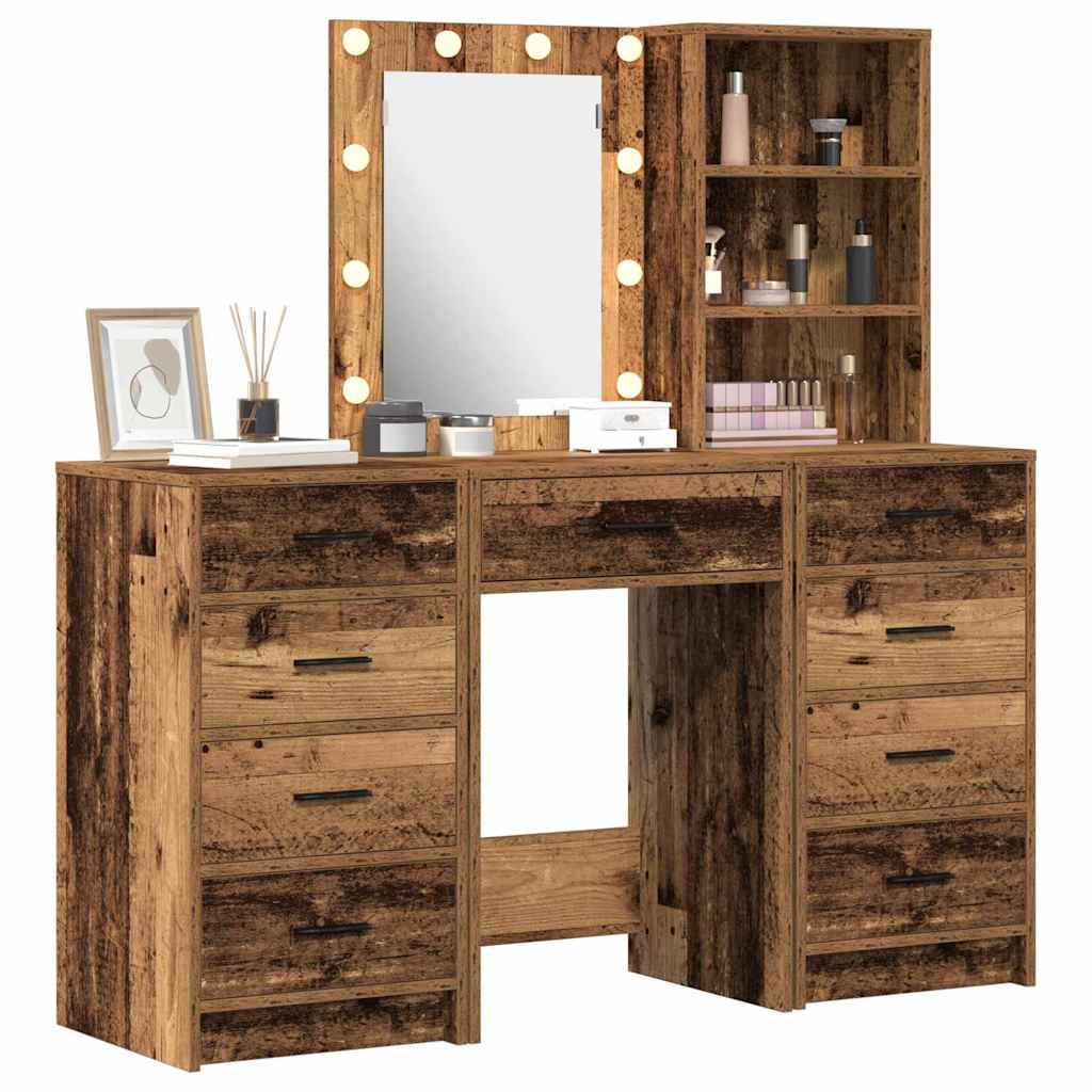 Dressing Table with Mirror Lights 3 pcs Brown Engineered wood