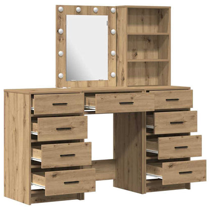 Dressing Table with Mirror Lights 3 pcs Brown Engineered wood