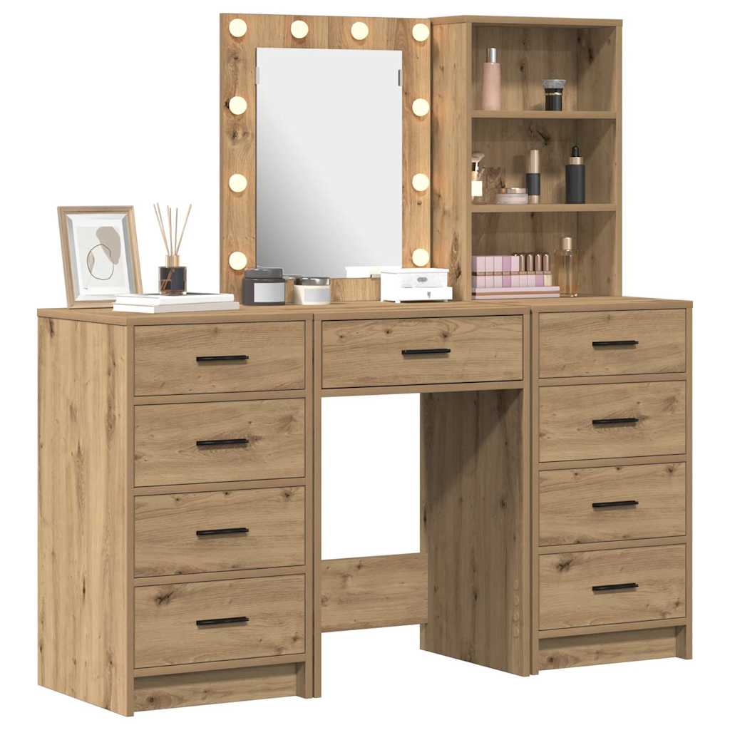 Dressing Table with Mirror Lights 3 pcs Brown Engineered wood