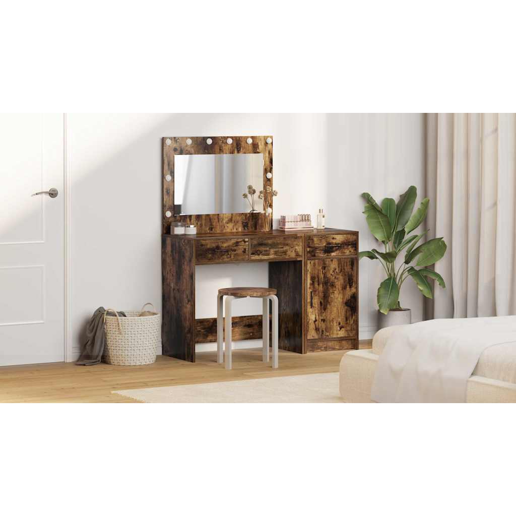 Dressing Table with Mirror Lights 2 pcs Brown Engineered wood