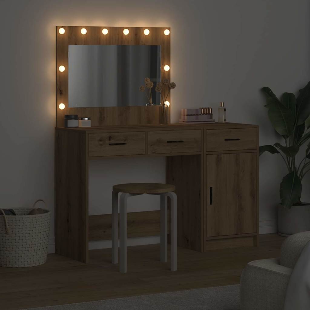 Dressing Table with Mirror Lights 2 pcs Brown Engineered wood