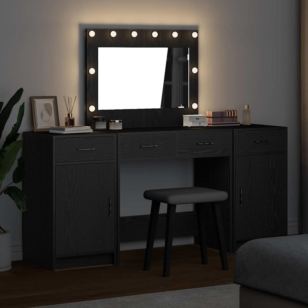 Dressing Table with Mirror Lights 3 pcs Black Engineered Wood