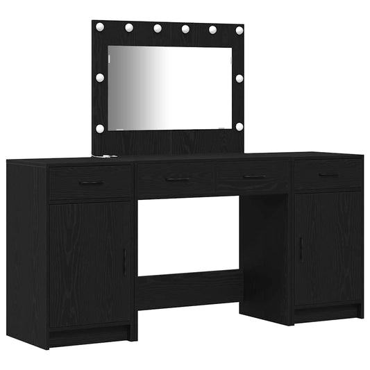 Dressing Table with Mirror Lights 3 pcs Black Engineered Wood