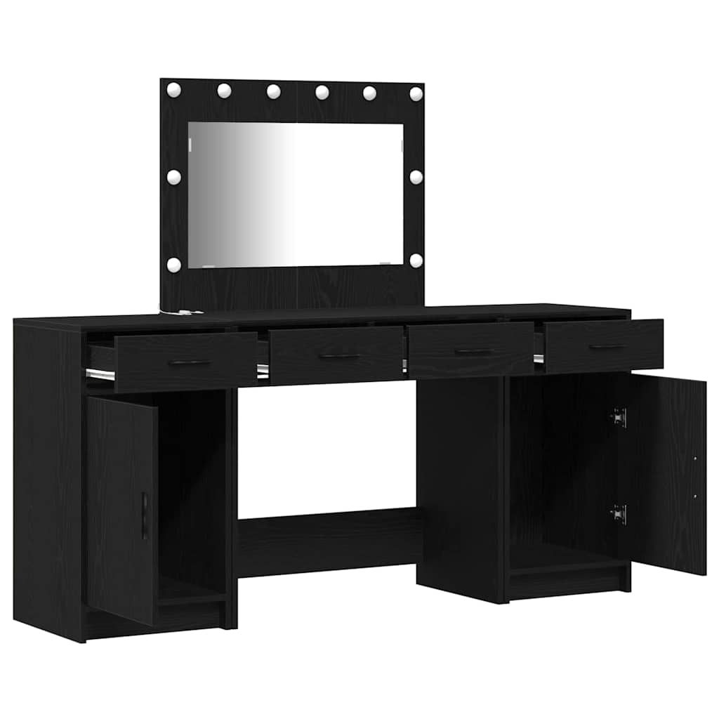 Dressing Table with Mirror Lights 3 pcs Black Engineered Wood