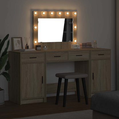 Dressing Table with Mirror Lights 3 pcs Brown Engineered Wood