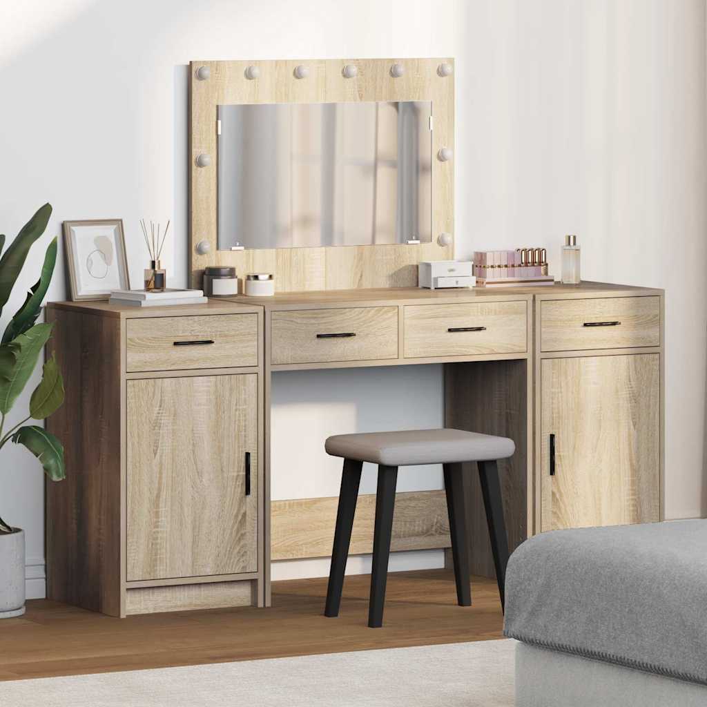 Dressing Table with Mirror Lights 3 pcs Brown Engineered Wood