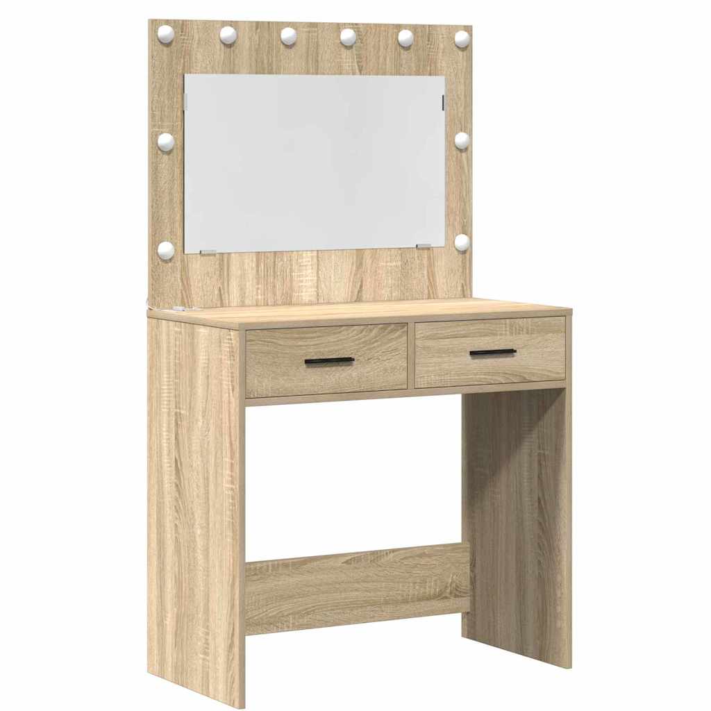 Dressing Table with Mirror Lights 3 pcs Brown Engineered Wood