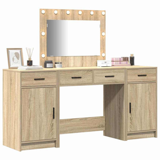 Dressing Table with Mirror Lights 3 pcs Brown Engineered Wood