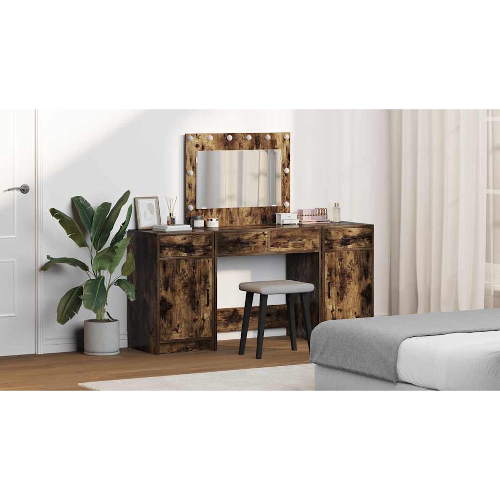Dressing Table with Mirror Lights 3 pcs Brown Engineered Wood