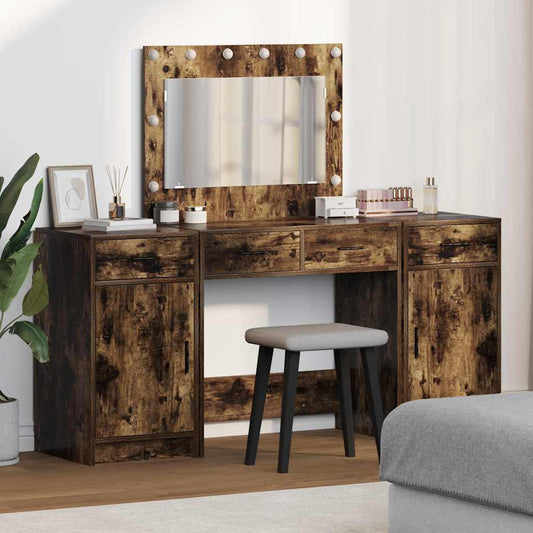 Dressing Table with Mirror Lights 3 pcs Brown Engineered Wood