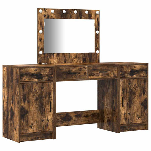 Dressing Table with Mirror Lights 3 pcs Brown Engineered Wood