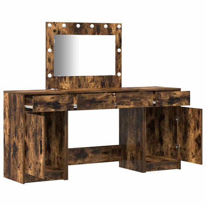 Dressing Table with Mirror Lights 3 pcs Brown Engineered Wood