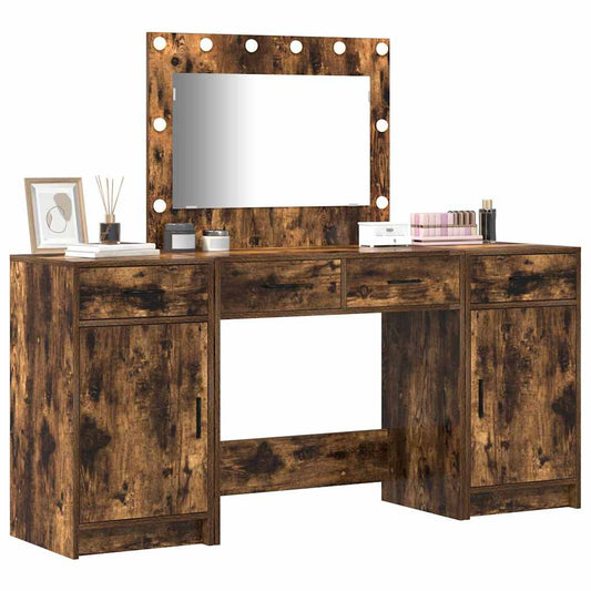 Dressing Table with Mirror Lights 3 pcs Brown Engineered Wood