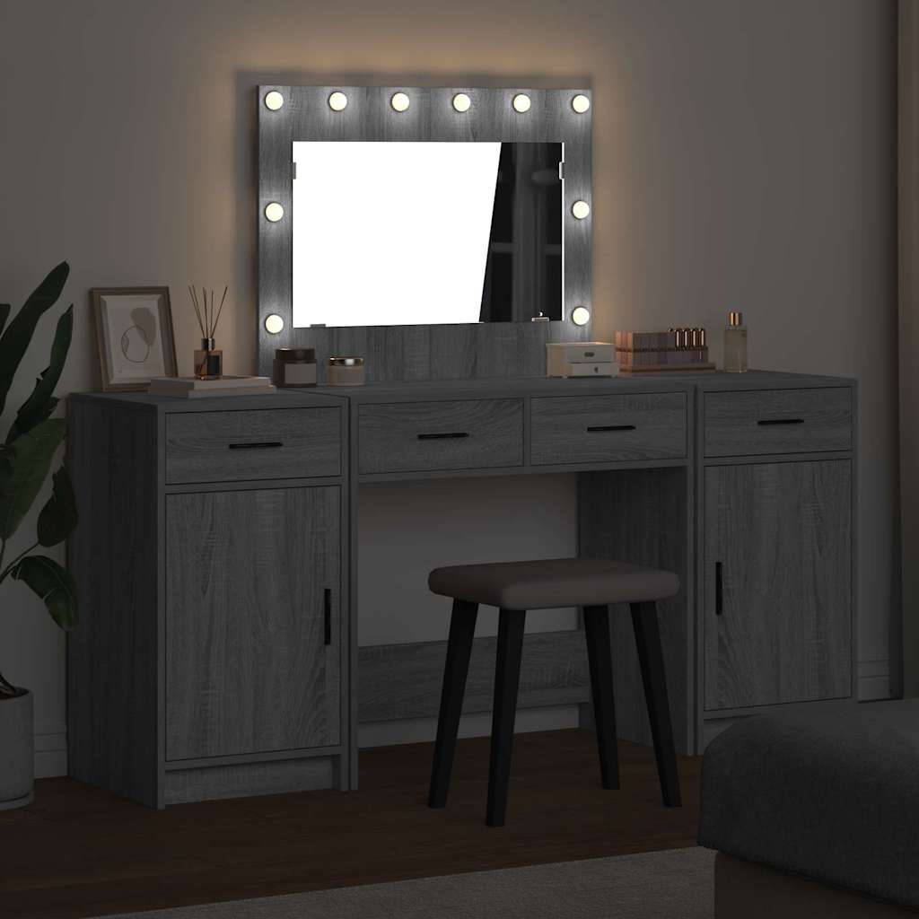 Dressing Table with Mirror Lights 3 pcs Grey Engineered Wood