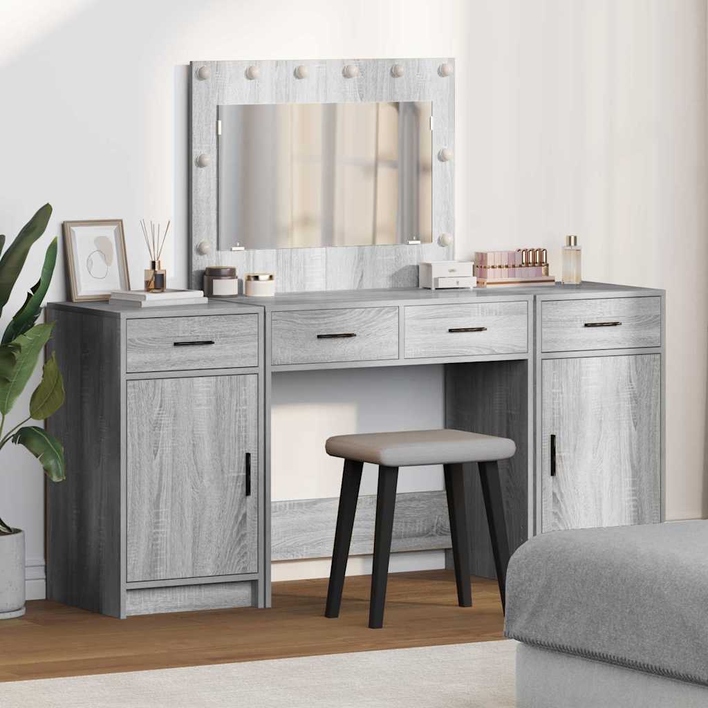 Dressing Table with Mirror Lights 3 pcs Grey Engineered Wood