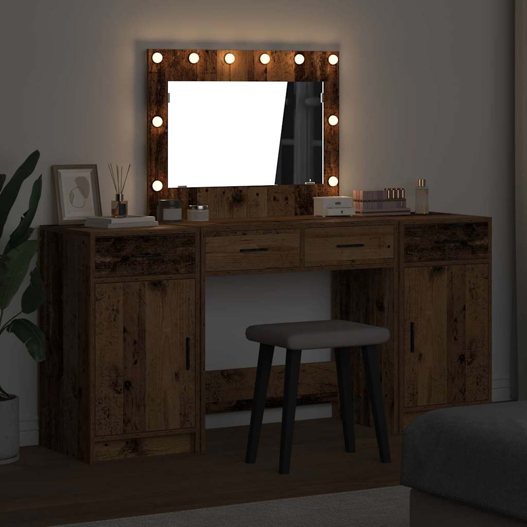 Dressing Table with Mirror Lights 3 pcs Brown Engineered Wood