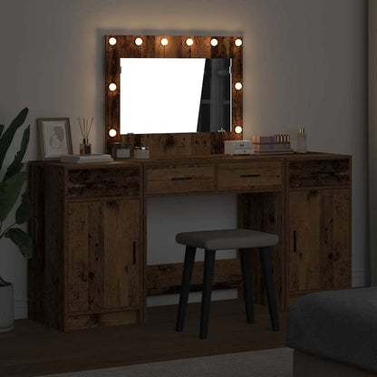 Dressing Table with Mirror Lights 3 pcs Brown Engineered Wood