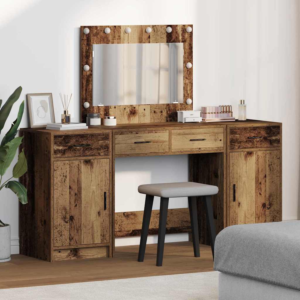 Dressing Table with Mirror Lights 3 pcs Brown Engineered Wood