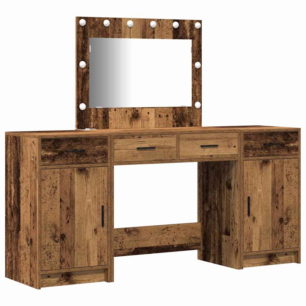Dressing Table with Mirror Lights 3 pcs Brown Engineered Wood