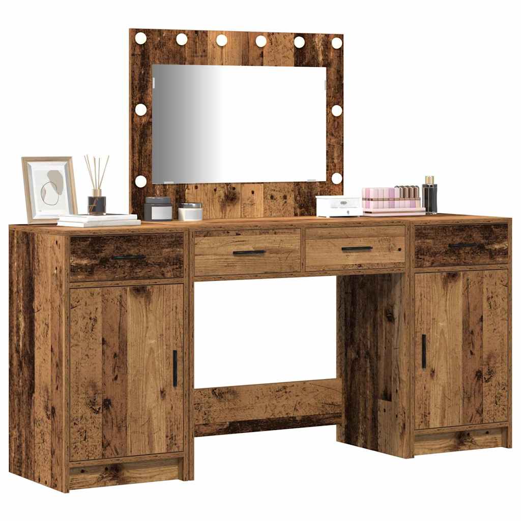 Dressing Table with Mirror Lights 3 pcs Brown Engineered Wood
