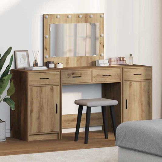 Dressing Table with Mirror Lights 3 pcs Brown Engineered Wood