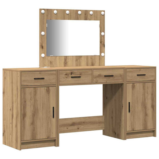 Dressing Table with Mirror Lights 3 pcs Brown Engineered Wood