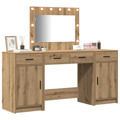 Dressing Table with Mirror Lights 3 pcs Brown Engineered Wood