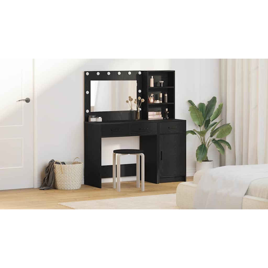 Dressing Table with Mirror Lights 2 pcs Black Engineered Wood