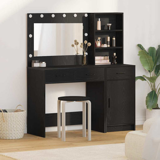 Dressing Table with Mirror Lights 2 pcs Black Engineered Wood