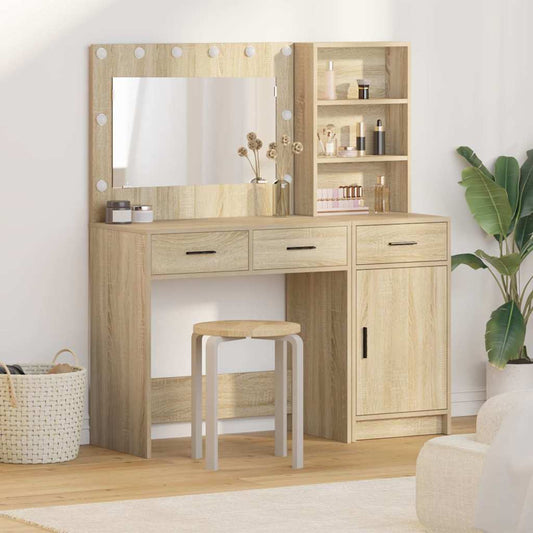 Dressing Table with Mirror Lights 2 pcs Brown Engineered Wood