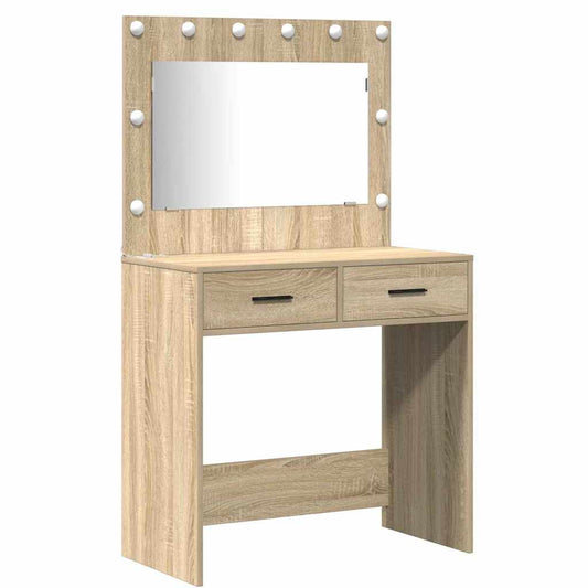 Dressing Table with Mirror Lights 2 pcs Brown Engineered Wood