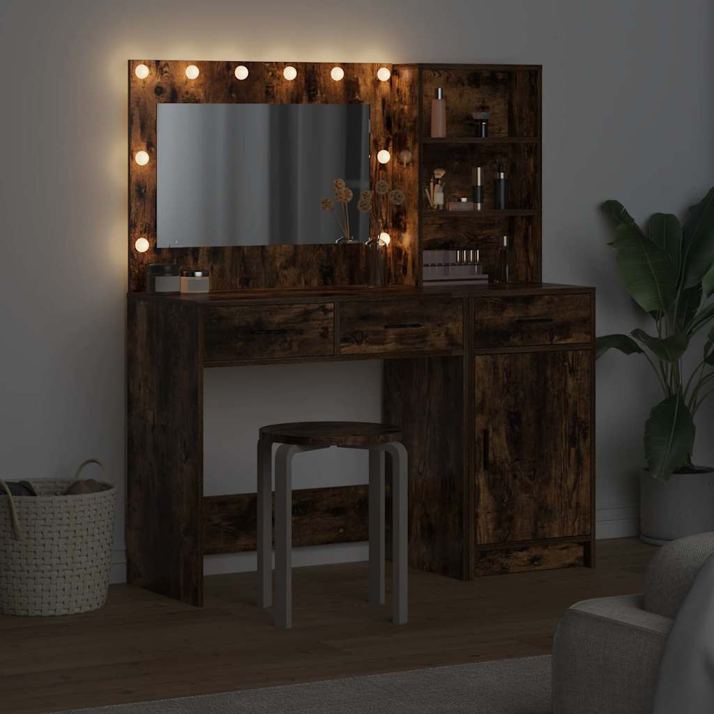 Dressing Table with Mirror Lights 2 pcs Brown Engineered Wood
