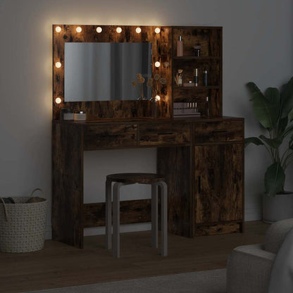 Dressing Table with Mirror Lights 2 pcs Brown Engineered Wood