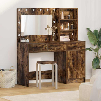 Dressing Table with Mirror Lights 2 pcs Brown Engineered Wood