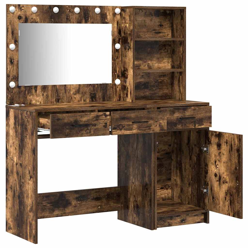 Dressing Table with Mirror Lights 2 pcs Brown Engineered Wood