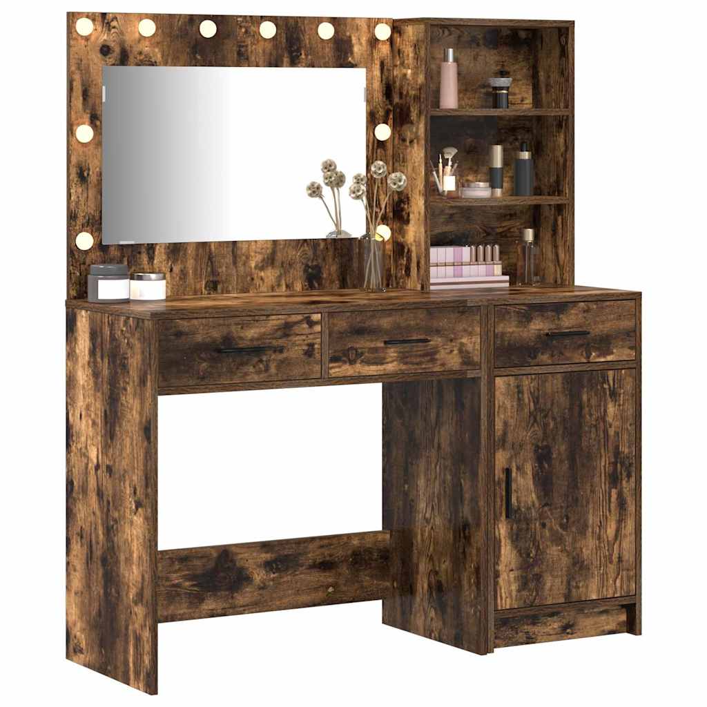 Dressing Table with Mirror Lights 2 pcs Brown Engineered Wood
